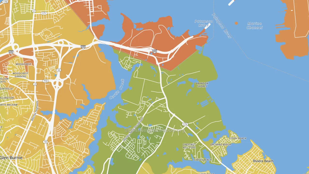 Map of the best neighborhoods in the Curtis Bay area, with better matches in green and worse matches in red