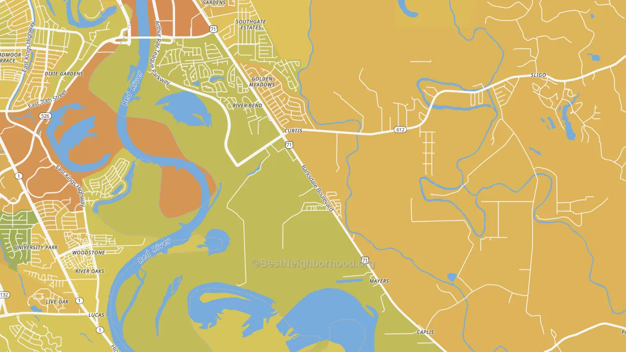 Map of the best neighborhoods in the Curtis area, with better matches in green and worse matches in red