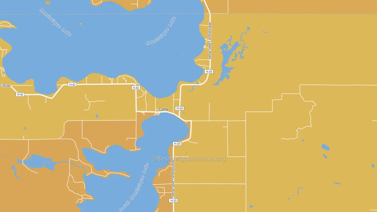 Map of the best neighborhoods in the Curtis area, with better matches in green and worse matches in red