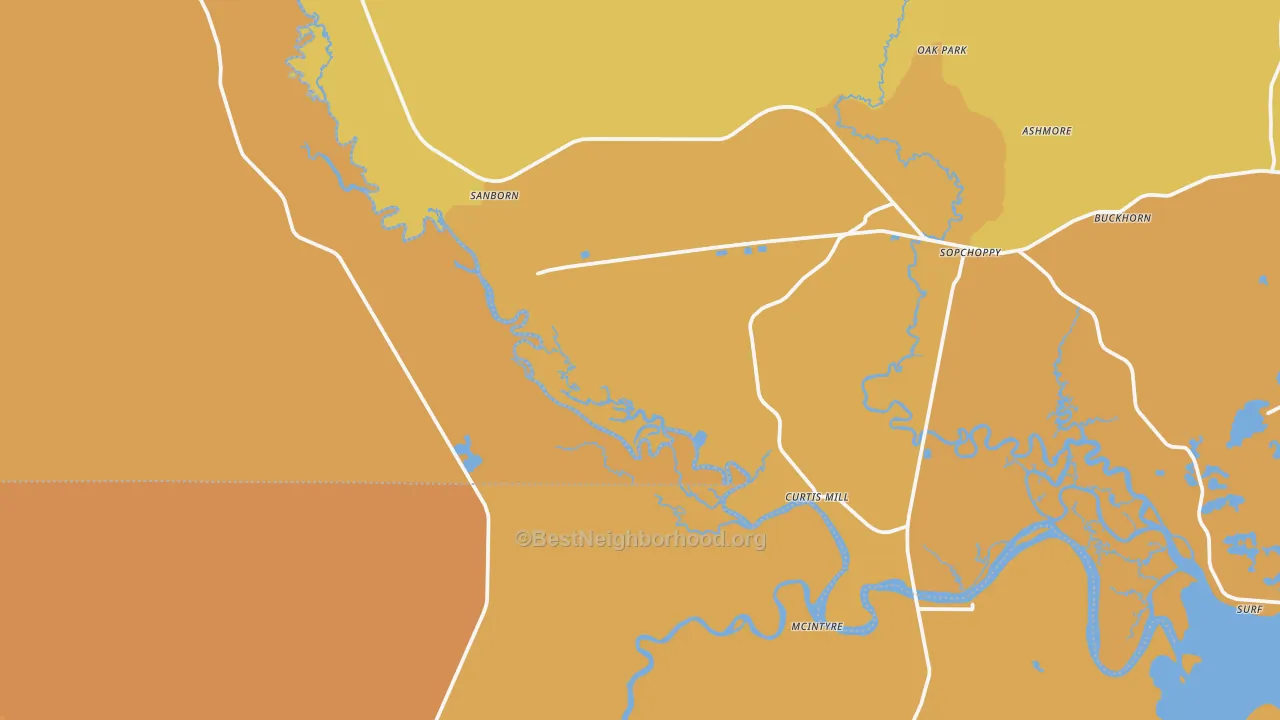Map of the best neighborhoods in the Curtis Mill area, with better matches in green and worse matches in red