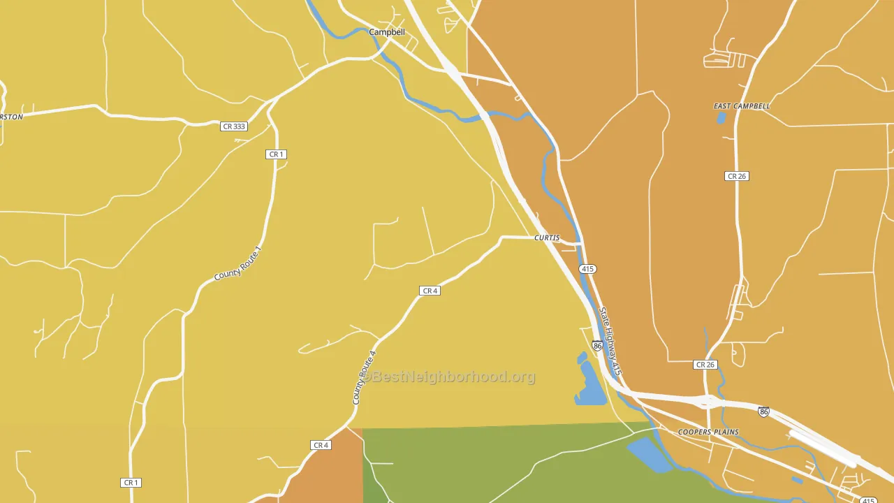 Map of the best neighborhoods in the Curtis area, with better matches in green and worse matches in red