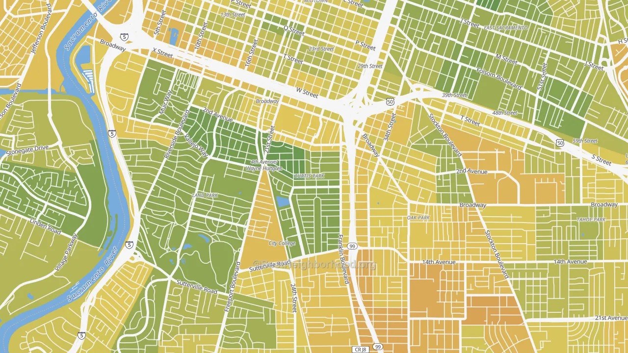Map of the best neighborhoods in the Curtis Park, Sacramento area, with better matches in green and worse matches in red
