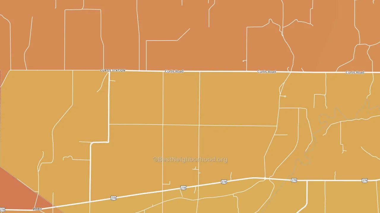 Map of the best neighborhoods in the Curtis Station area, with better matches in green and worse matches in red