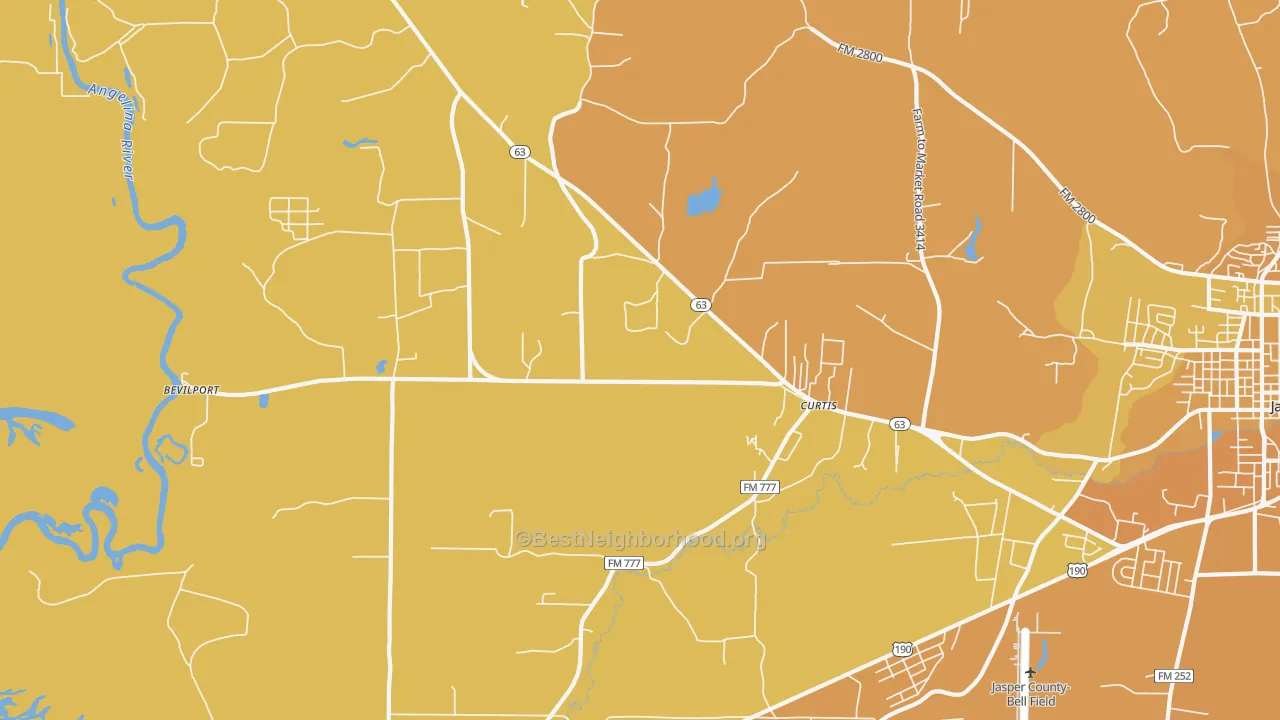 Map of the best neighborhoods in the Curtis area, with better matches in green and worse matches in red