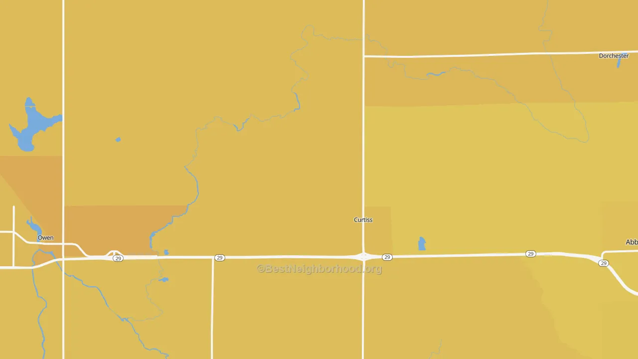 Map of the best neighborhoods in the Curtiss area, with better matches in green and worse matches in red