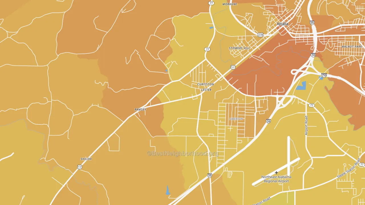 Map of the best neighborhoods in the Curtiston area, with better matches in green and worse matches in red