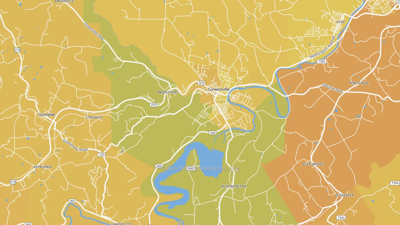 Map of the best neighborhoods in the Curwensville area, with better matches in green and worse matches in red