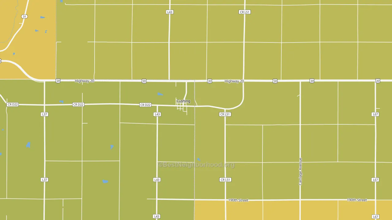 Map of the best neighborhoods in the Cushing area, with better matches in green and worse matches in red
