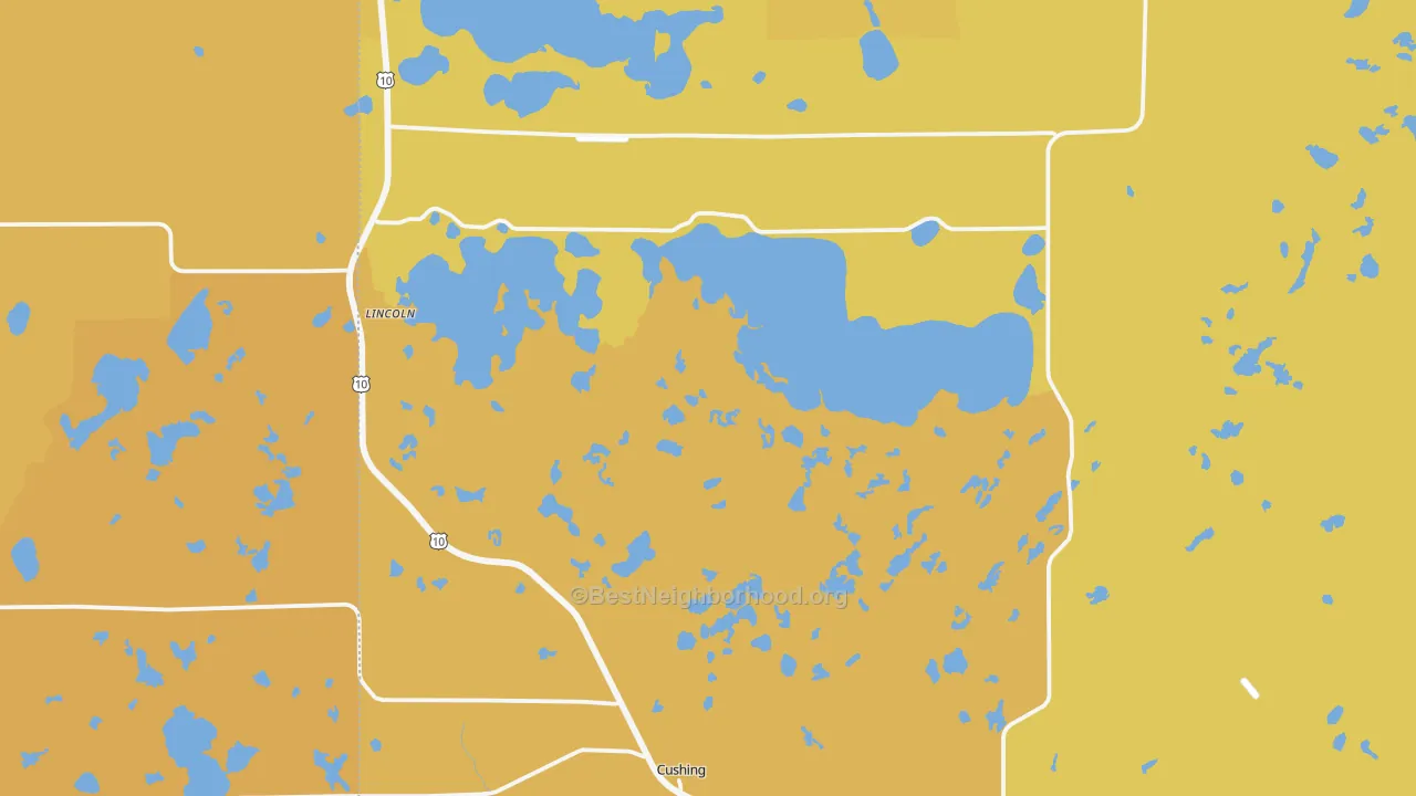 Map of the best neighborhoods in the Cushing area, with better matches in green and worse matches in red