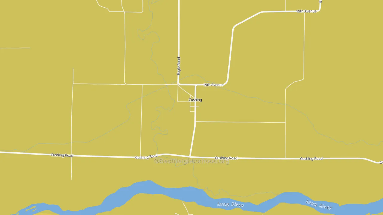Map of the best neighborhoods in the Cushing area, with better matches in green and worse matches in red