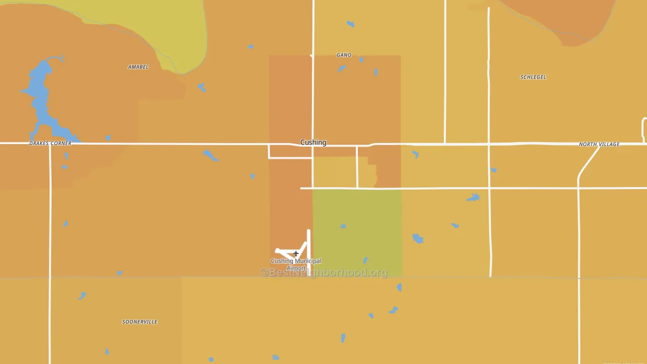 Map of the best neighborhoods in the Cushing area, with better matches in green and worse matches in red