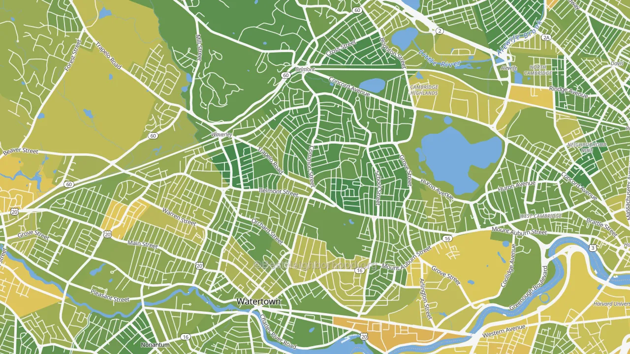 Map of the best neighborhoods in the Cushing Square, Belmont area, with better matches in green and worse matches in red