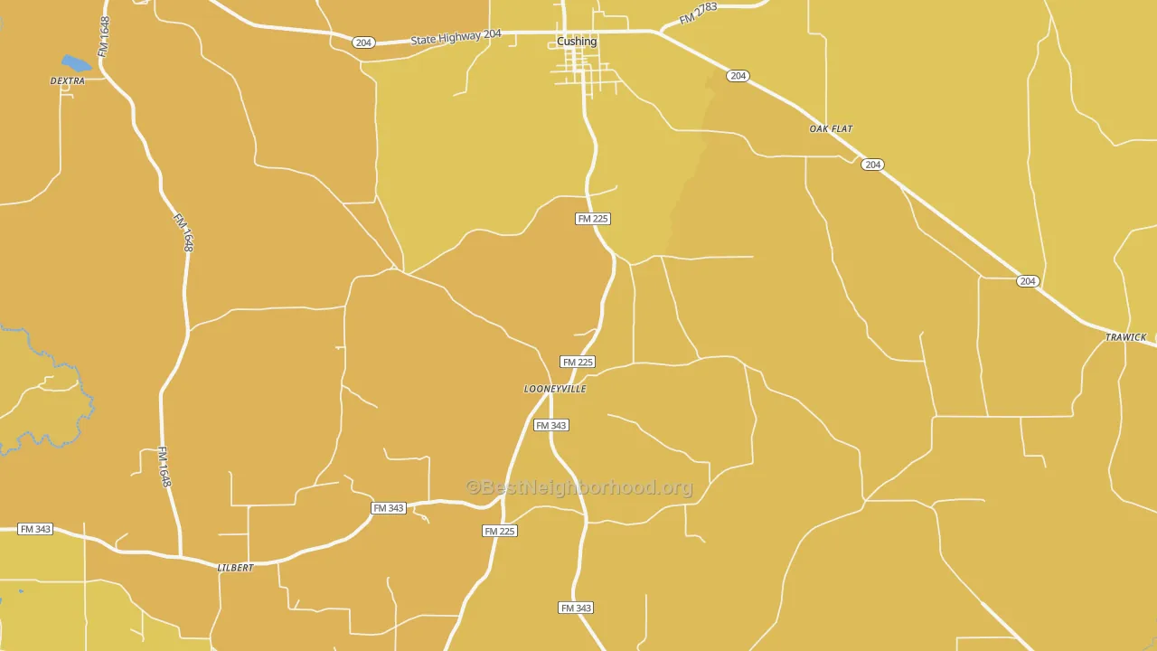 Map of the best neighborhoods in the Cushing area, with better matches in green and worse matches in red