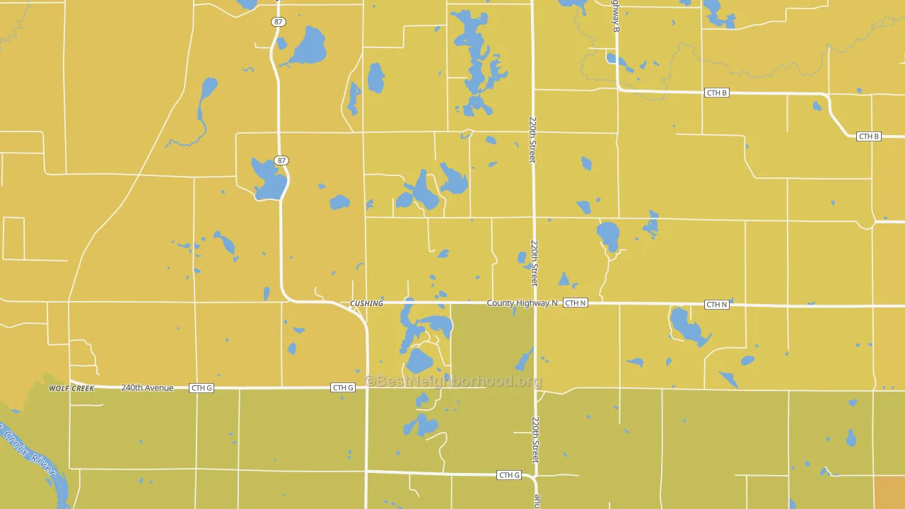 Map of the best neighborhoods in the Cushing area, with better matches in green and worse matches in red