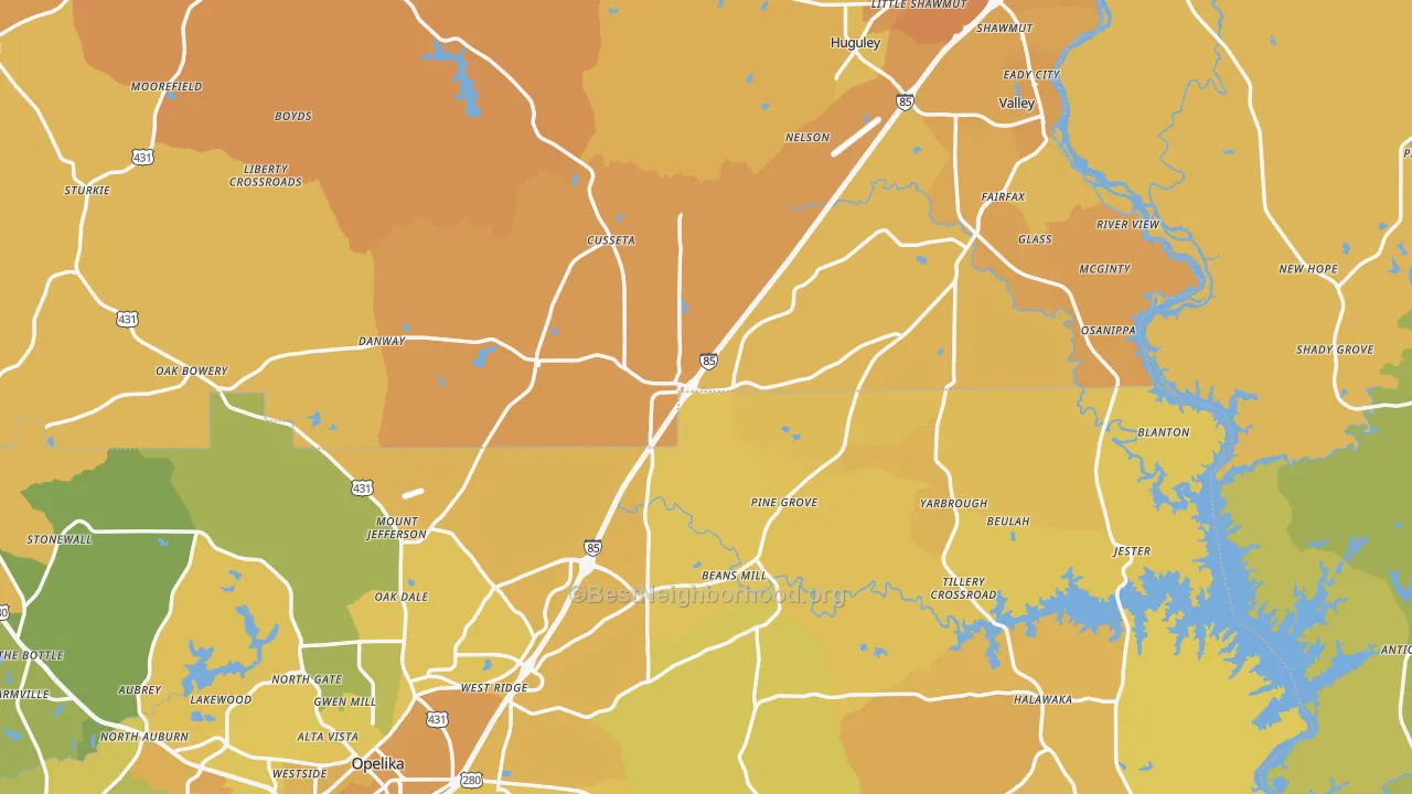 Map of the best neighborhoods in the Cusseta area, with better matches in green and worse matches in red