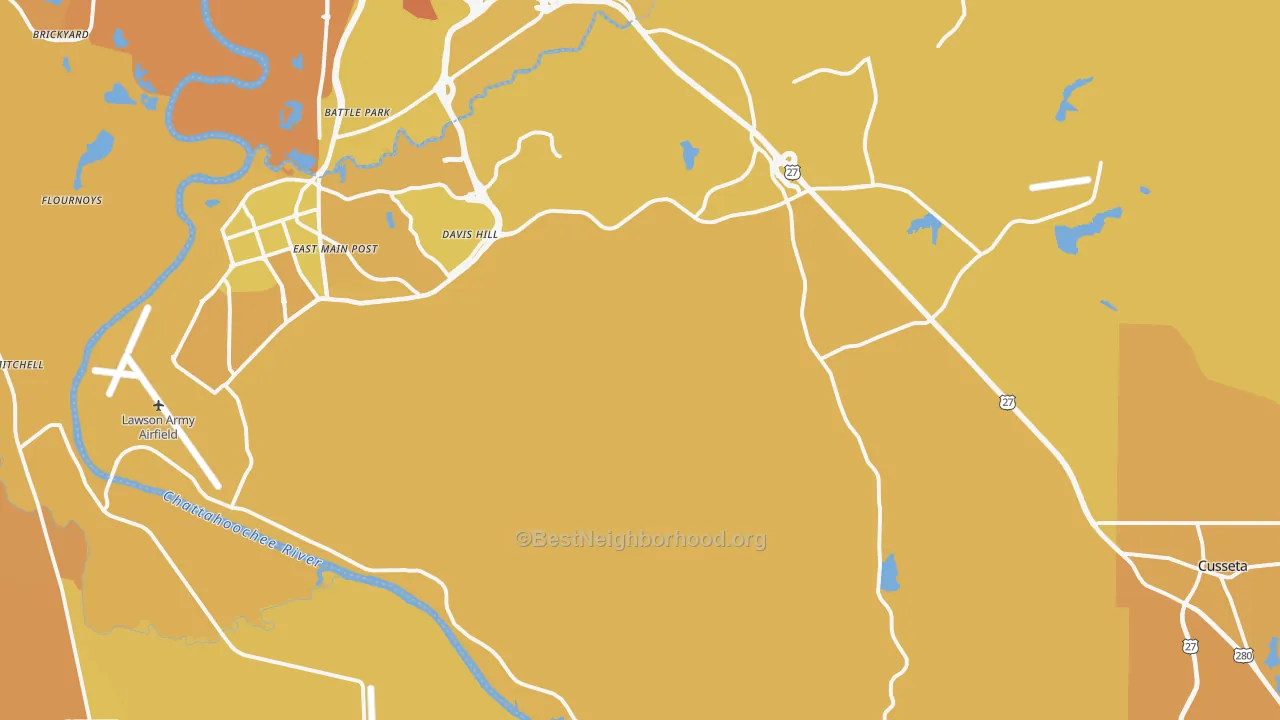 Map of the best neighborhoods in the Cusseta area, with better matches in green and worse matches in red