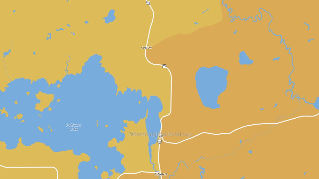 Map of the best neighborhoods in the Cusson area, with better matches in green and worse matches in red