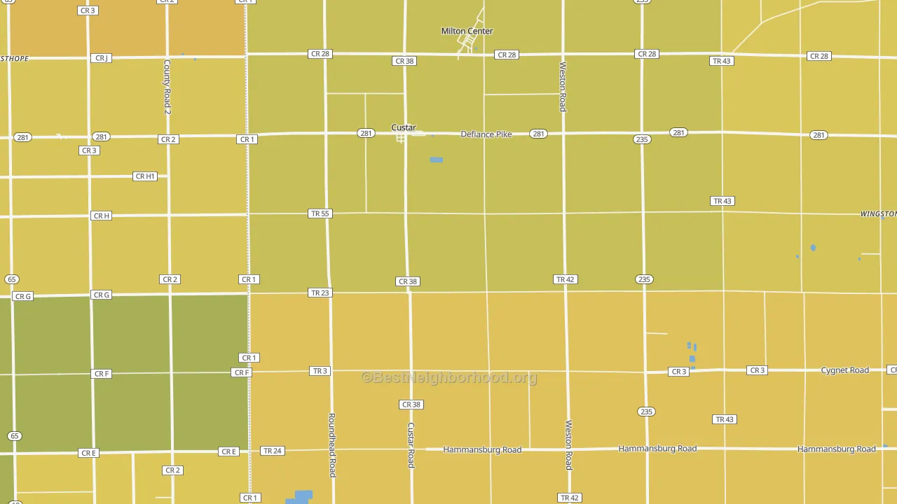Map of the best neighborhoods in the Custar area, with better matches in green and worse matches in red