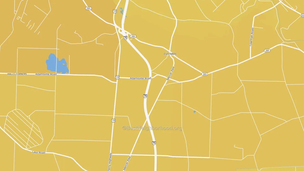 Map of the best neighborhoods in the Custards area, with better matches in green and worse matches in red