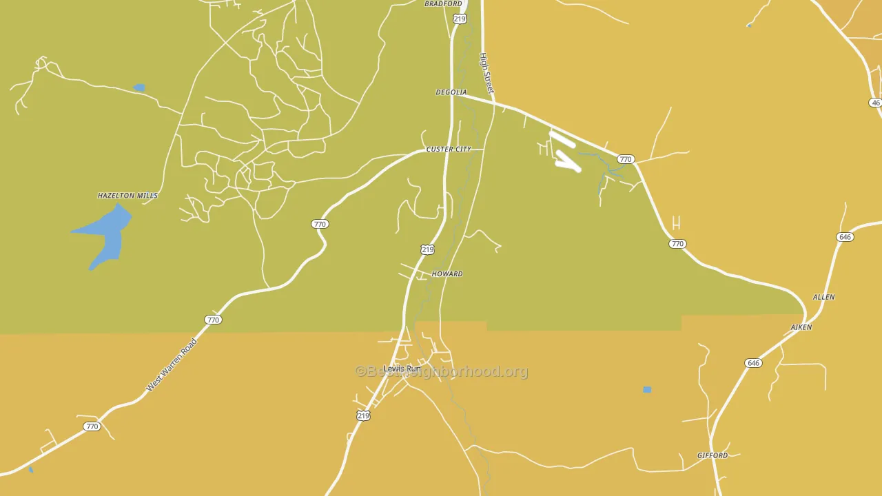 Map of the best neighborhoods in the Custer City area, with better matches in green and worse matches in red