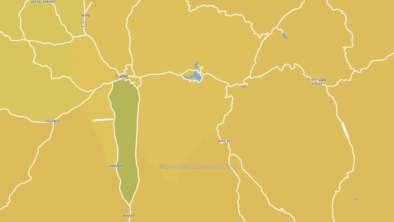 Map of the best neighborhoods in the Custer County area, with better matches in green and worse matches in red