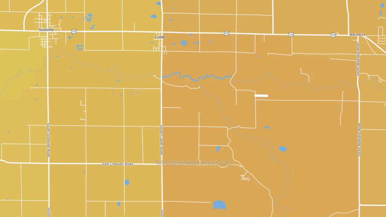 Map of the best neighborhoods in the Custer area, with better matches in green and worse matches in red