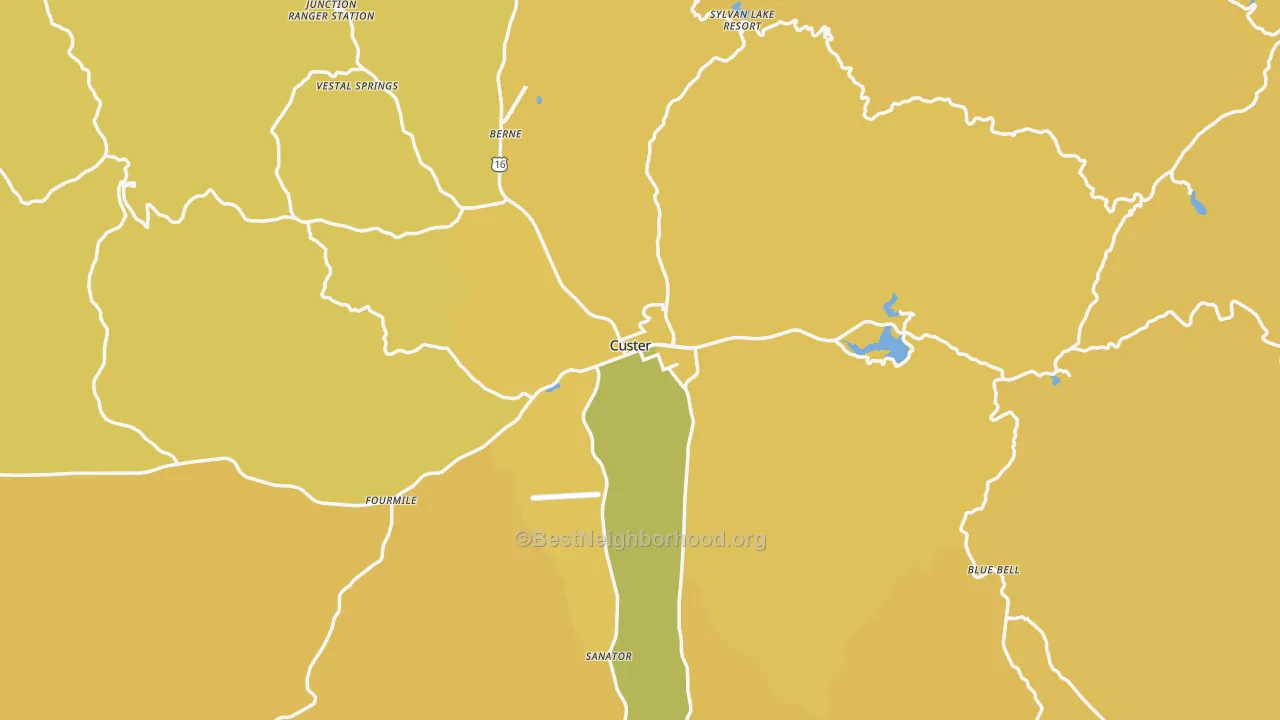Map of the best neighborhoods in the Custer area, with better matches in green and worse matches in red
