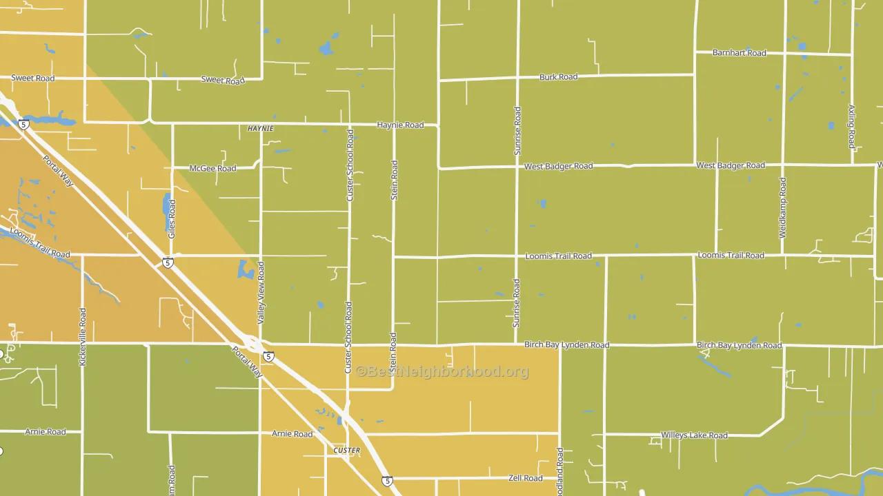 Map of the best neighborhoods in the Custer area, with better matches in green and worse matches in red