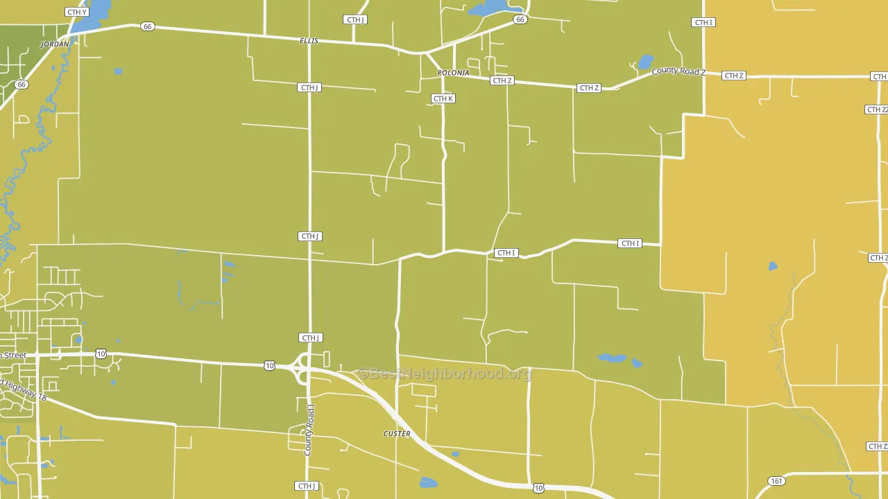 Map of the best neighborhoods in the Custer area, with better matches in green and worse matches in red