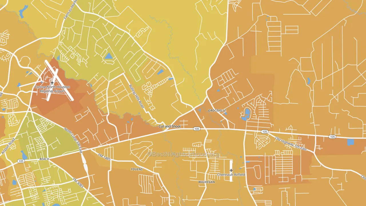 Map of the best neighborhoods in the Cut and Shoot area, with better matches in green and worse matches in red