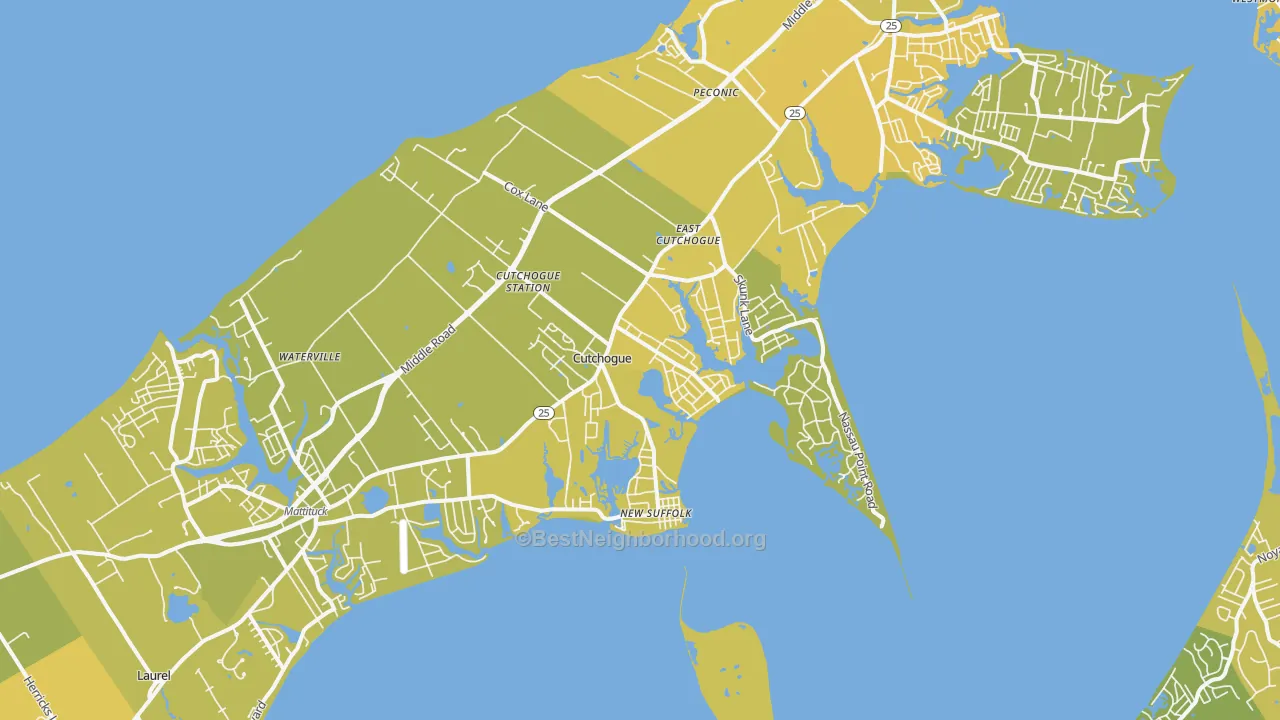 Map of the best neighborhoods in the Cutchogue area, with better matches in green and worse matches in red