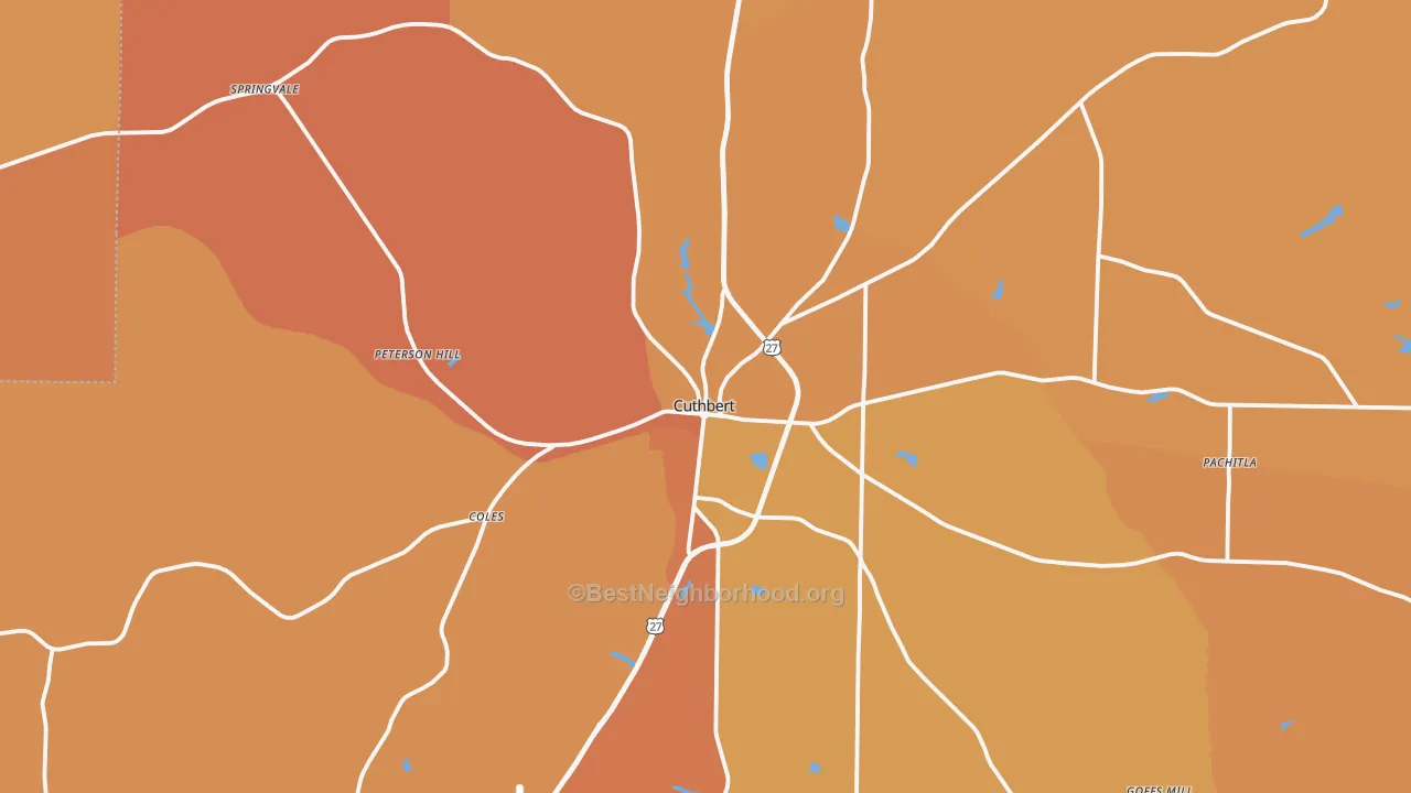 Map of the best neighborhoods in the Cuthbert area, with better matches in green and worse matches in red