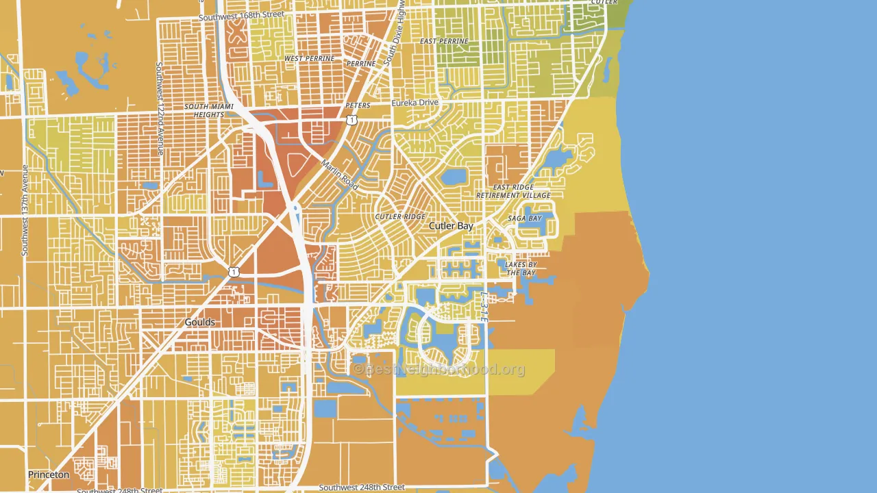 Map of the best neighborhoods in the Cutler Bay area, with better matches in green and worse matches in red