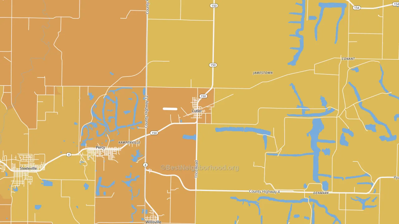 Map of the best neighborhoods in the Cutler area, with better matches in green and worse matches in red