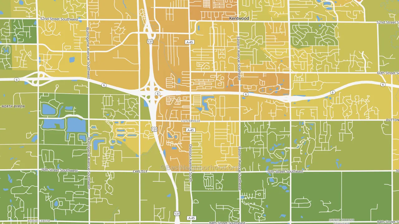 Map of the best neighborhoods in the Cutlerville area, with better matches in green and worse matches in red