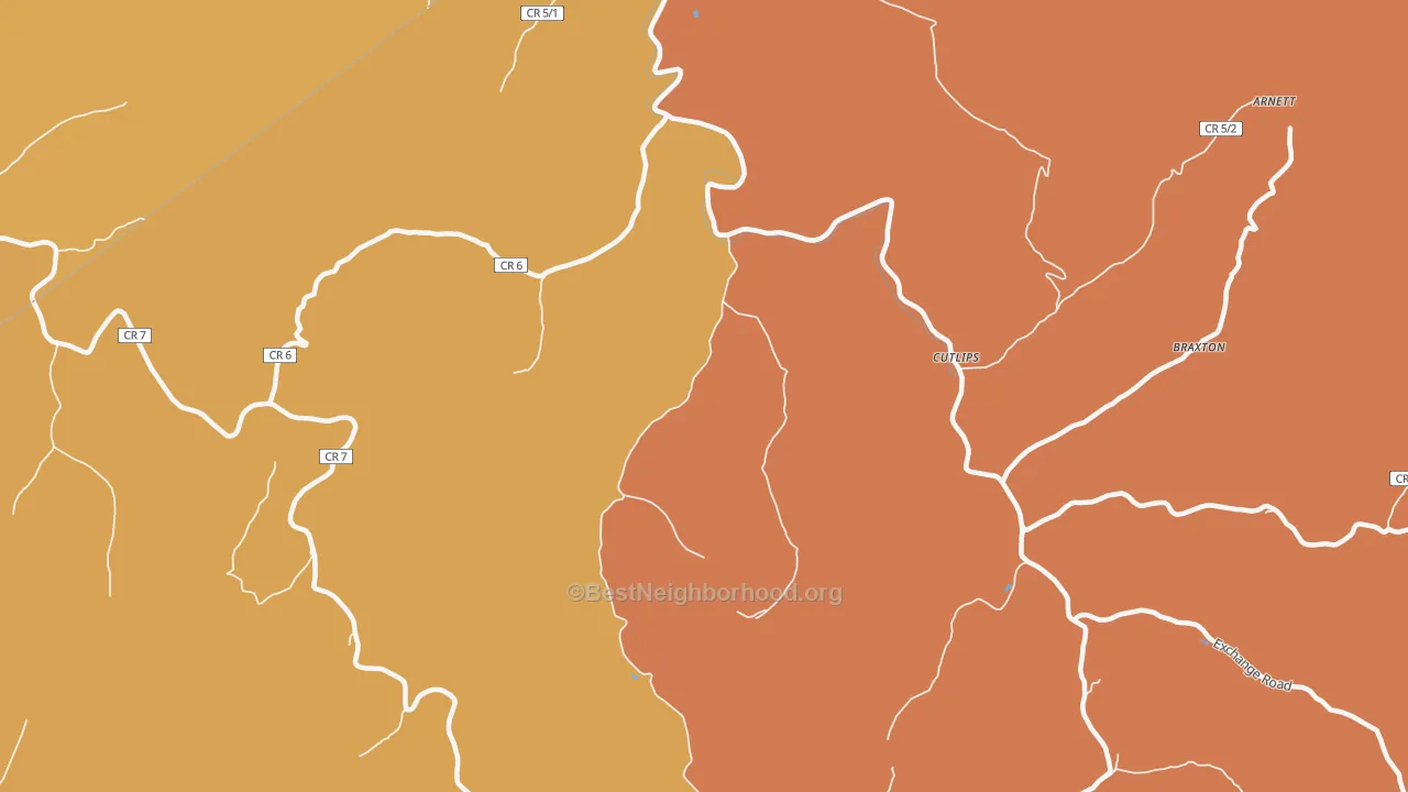Map of the best neighborhoods in the Cutlips area, with better matches in green and worse matches in red