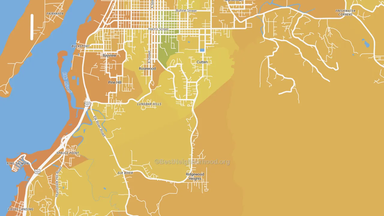 Map of the best neighborhoods in the Cutten, Eureka area, with better matches in green and worse matches in red