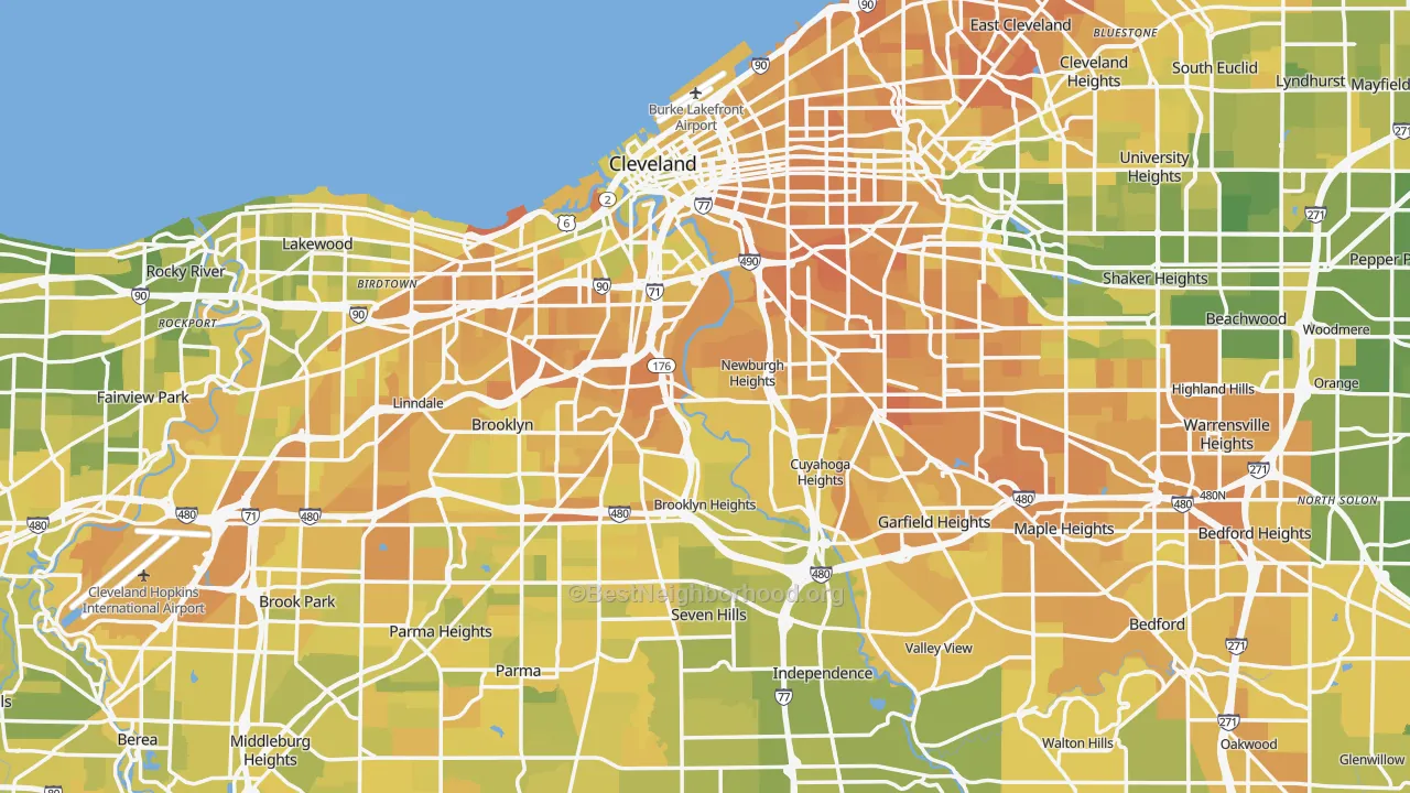 Map of the best neighborhoods in the Cuyahoga County area, with better matches in green and worse matches in red