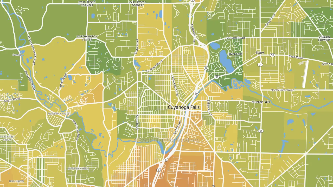 Map of the best neighborhoods in the Cuyahoga Falls area, with better matches in green and worse matches in red