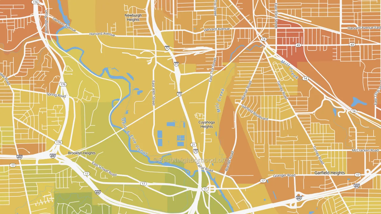 Map of the best neighborhoods in the Cuyahoga Heights area, with better matches in green and worse matches in red