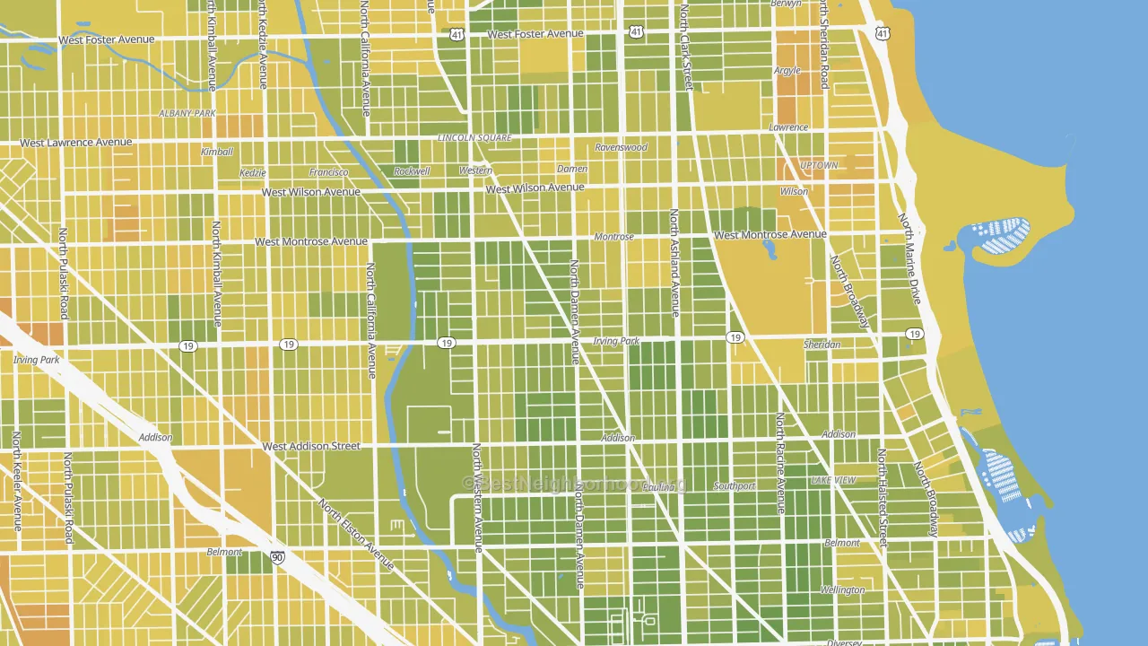 Map of the best neighborhoods in the Cuyler, Chicago area, with better matches in green and worse matches in red