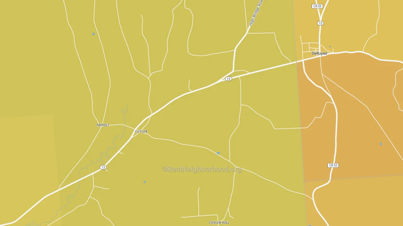 Map of the best neighborhoods in the Cuyler area, with better matches in green and worse matches in red