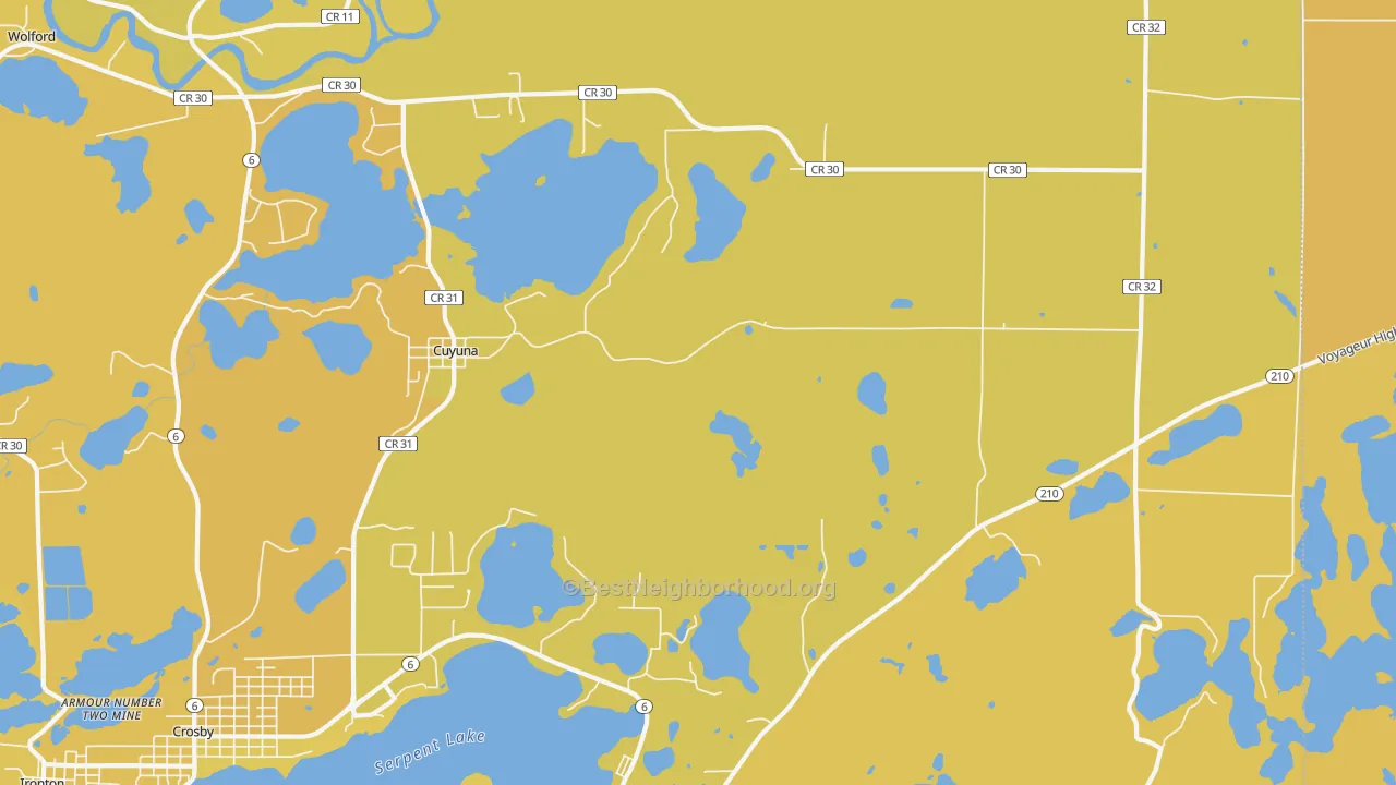 Map of the best neighborhoods in the Cuyuna area, with better matches in green and worse matches in red