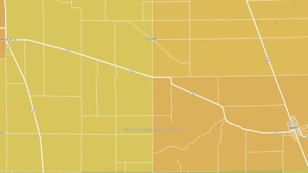 Map of the best neighborhoods in the Cyclone area, with better matches in green and worse matches in red