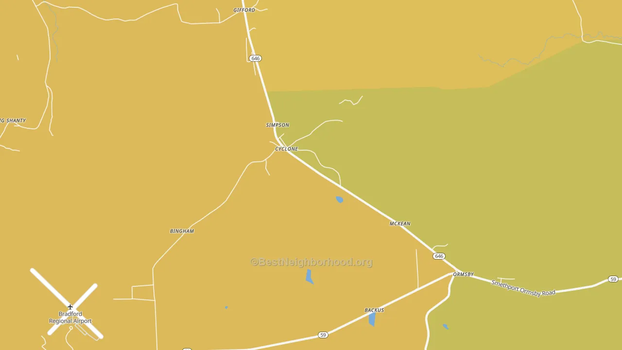 Map of the best neighborhoods in the Cyclone area, with better matches in green and worse matches in red