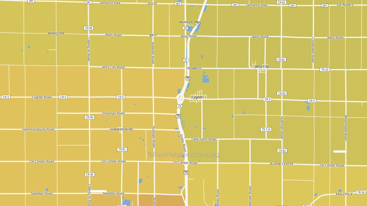 Map of the best neighborhoods in the Cygnet area, with better matches in green and worse matches in red
