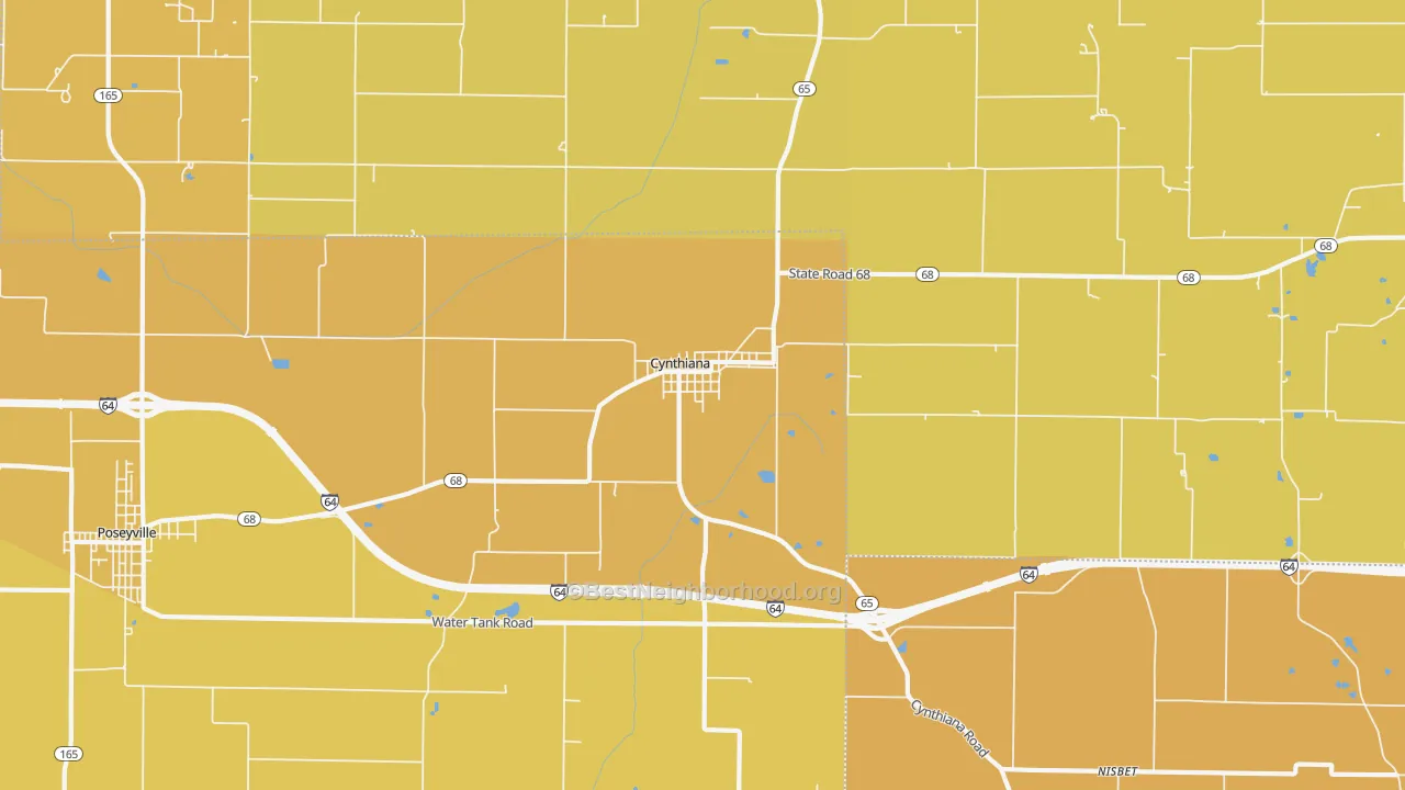 Map of the best neighborhoods in the Cynthiana area, with better matches in green and worse matches in red