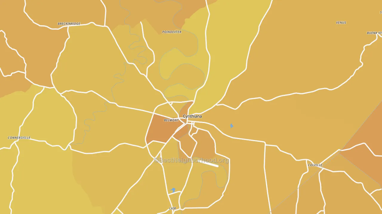 Map of the best neighborhoods in the Cynthiana area, with better matches in green and worse matches in red