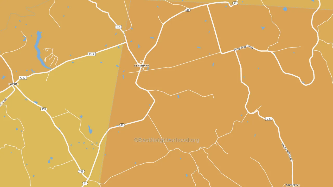 Map of the best neighborhoods in the Cynthiana area, with better matches in green and worse matches in red