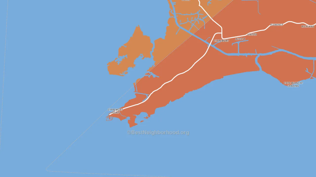 Map of the best neighborhoods in the Cypremort area, with better matches in green and worse matches in red